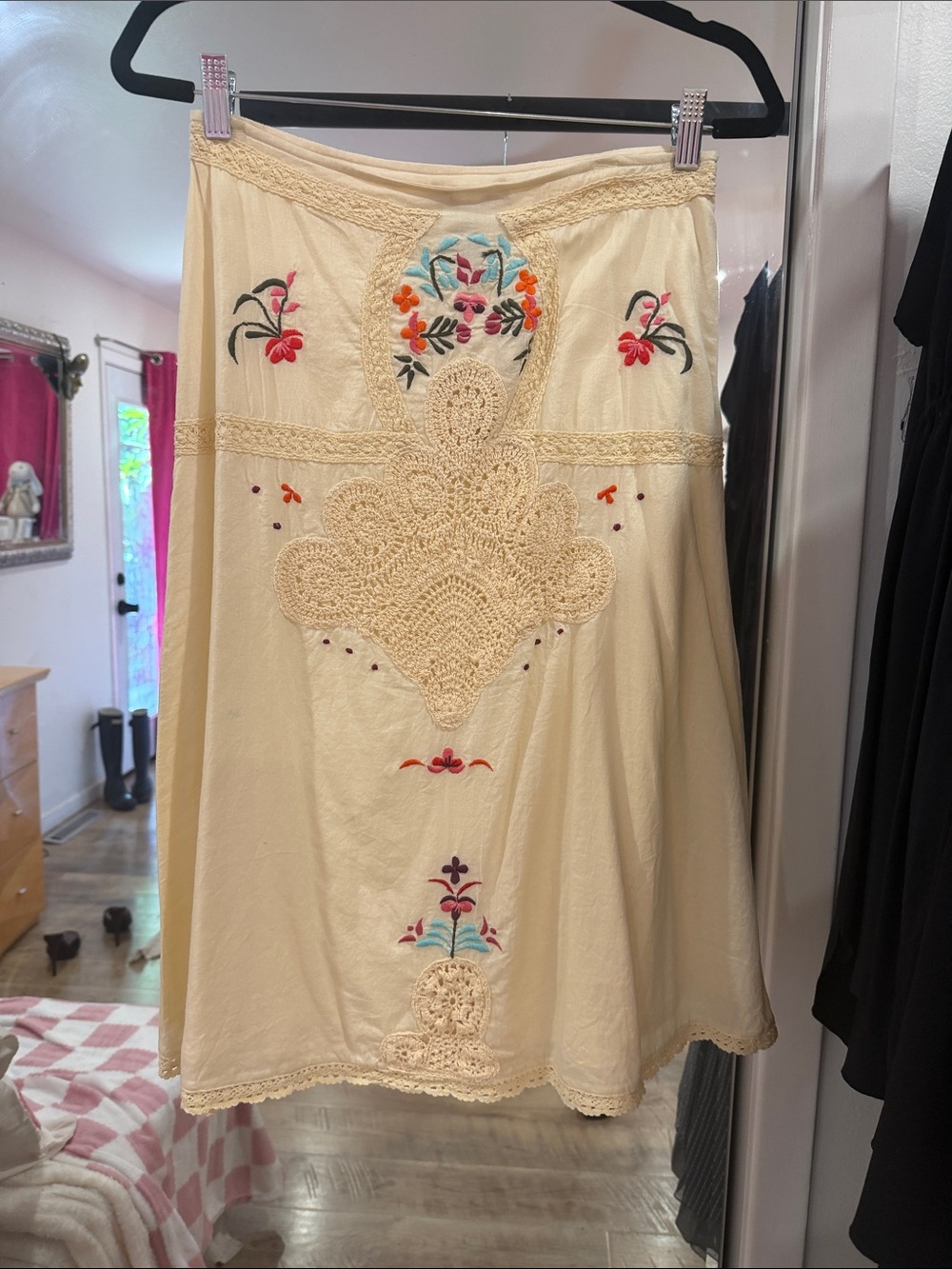 Free People Cream Embroidered A-Line Midi Skirt vintage Y2K